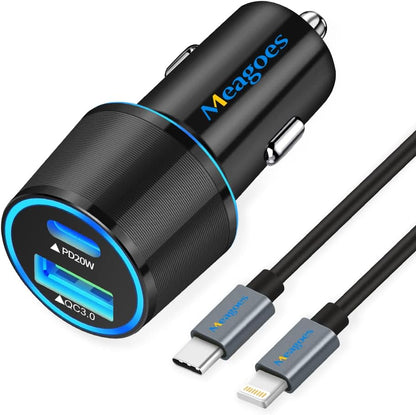 Fast USB C Car Charger,  20W PD Rapid Charging Adapter Compatible for Apple Iphone 14 Pro Max/14 Pro/14 Plus/14/13/12/Mini/11/Xs/Xr/X/8 Plus/Se 3-3.3Ft Mfi Certified Type C to Lightning Cable